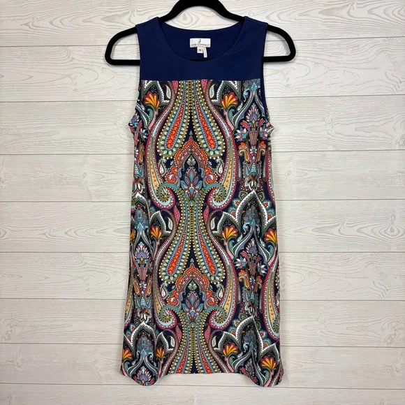 JUDE CONNALLY MULTICOLOR SHIFT DRESS SIZE SMALL NAVY BLUE - Picture 1 of 7